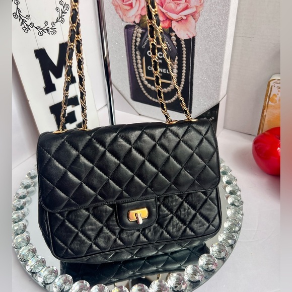 CROUCH & FITZGERALD vintage quilted Lambskin leather black gold chain crossbody - Picture 9 of 11